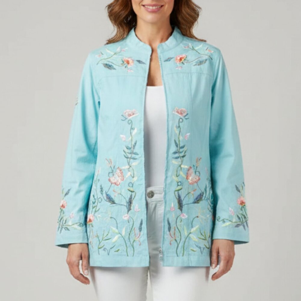 Quacker Factory Butterfly Floral Embroidered Beaded Embellished Jacket XS b68E